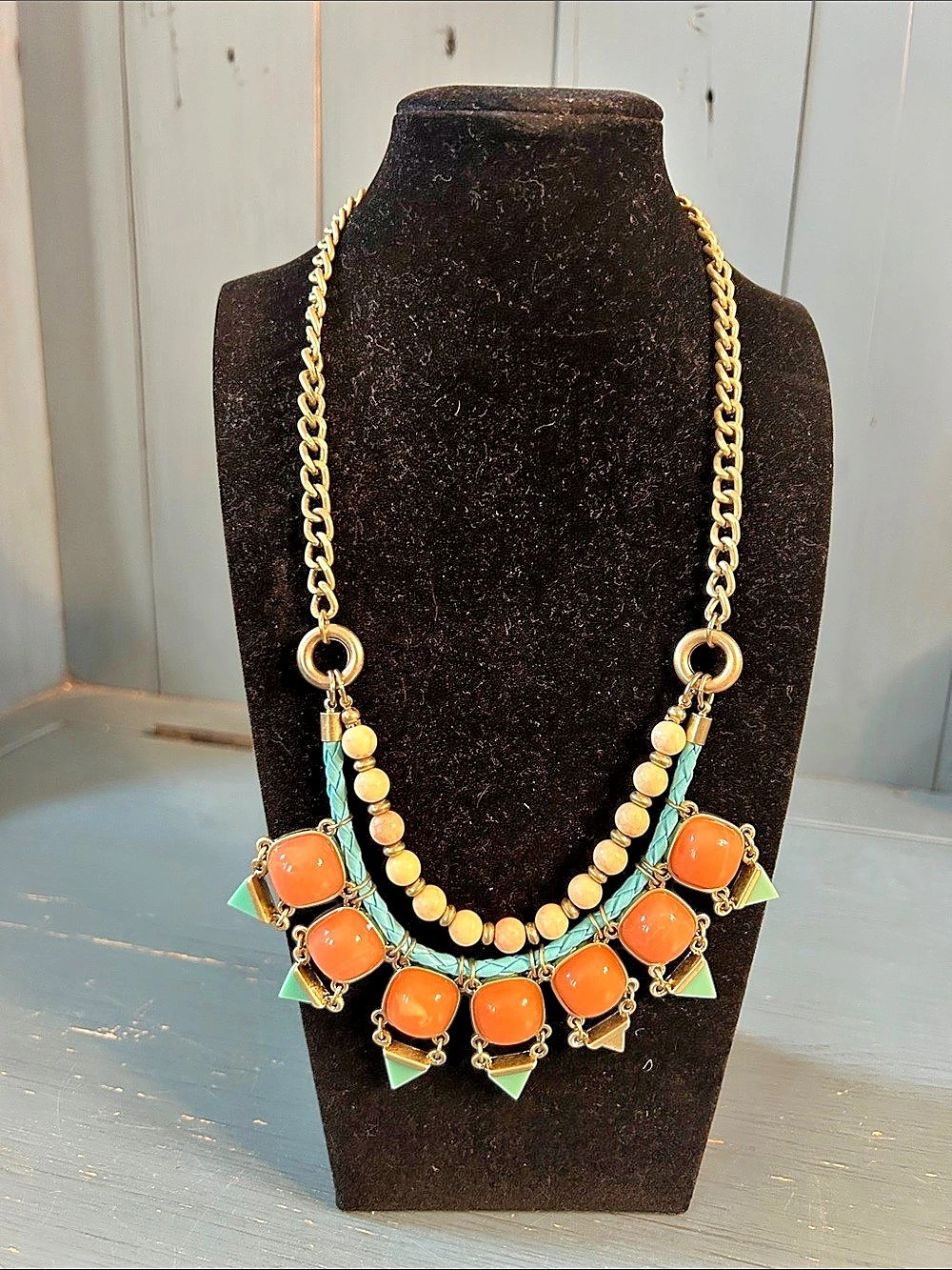 Statement Beaded Pendant Necklace in Orange & Gold